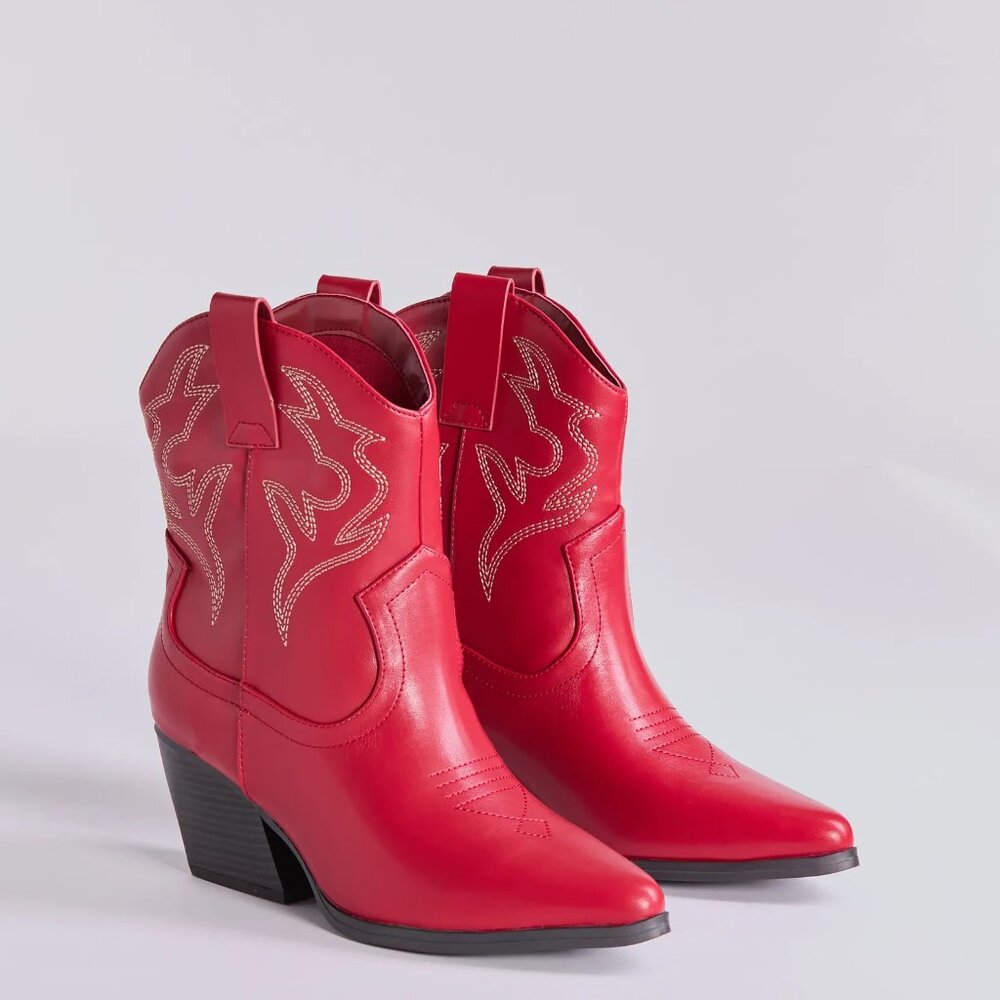 NEW🔥 Red Pointed Toe Embroidered Cowgirl Western Ankle Booties Boots Block Heel
